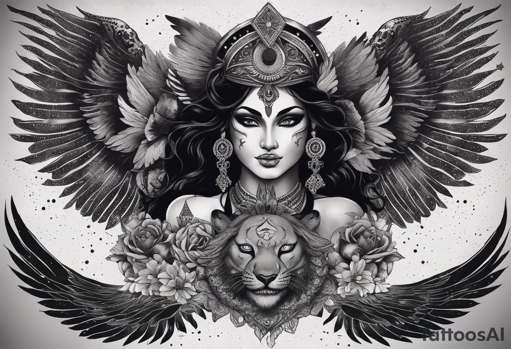 black kali, goddess pirate, alien, angel, pachamama, valkrye, warrior, flying, skull, lotus azul, wing, eagle, zenza resonance, stars, 5D, anahata chakra, death, durga, riding on a tiger, flying lady, kundalini, chest tatoo, samuri, rebel,serpent tattoo idea
