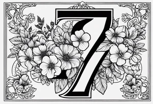 A tattoo in the shape of the number 7. The word December makes up the top line of the 7. Across is the number 2024. Include flowers for the month of july and september on the vertical line of the7 tattoo idea