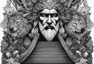 a stairway to heaven with a big face of  the god Odin as a human at its end. On the side of the stair is a pack ow wolves. Also add in a a pair of doves and two ravens tattoo idea