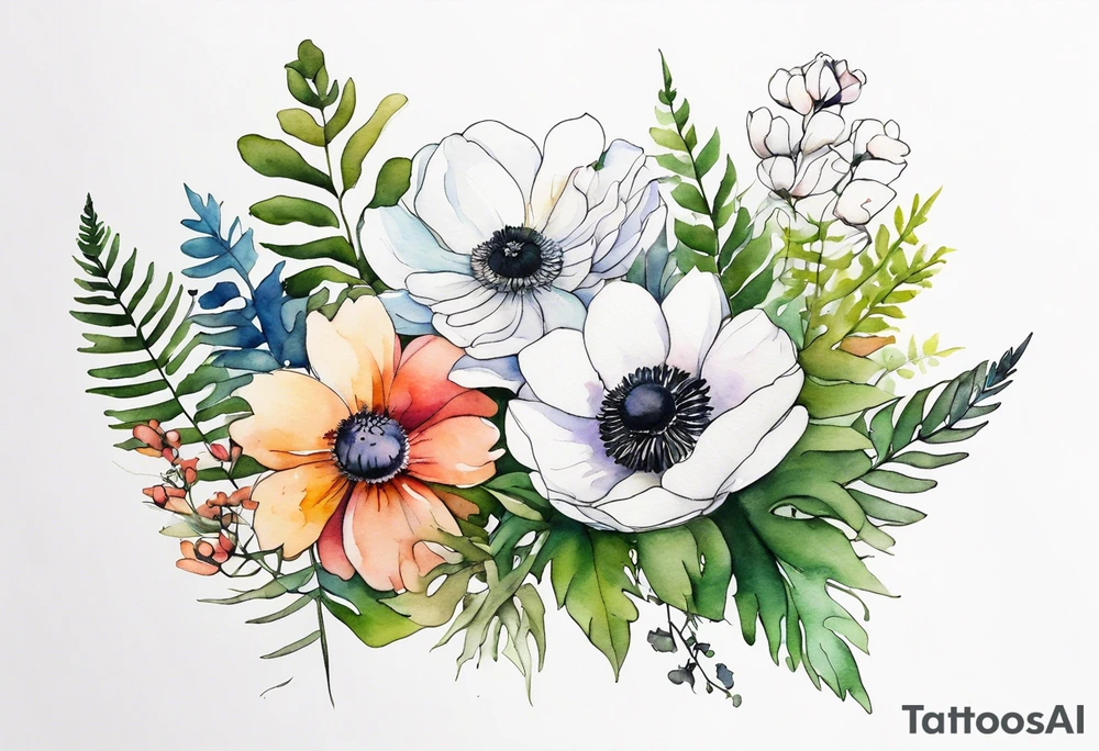 Multicolored wild flower bouquet with ferns and white anemone all watercolor tattoo idea