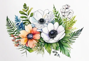 Multicolored wild flower bouquet with ferns and white anemone all watercolor tattoo idea