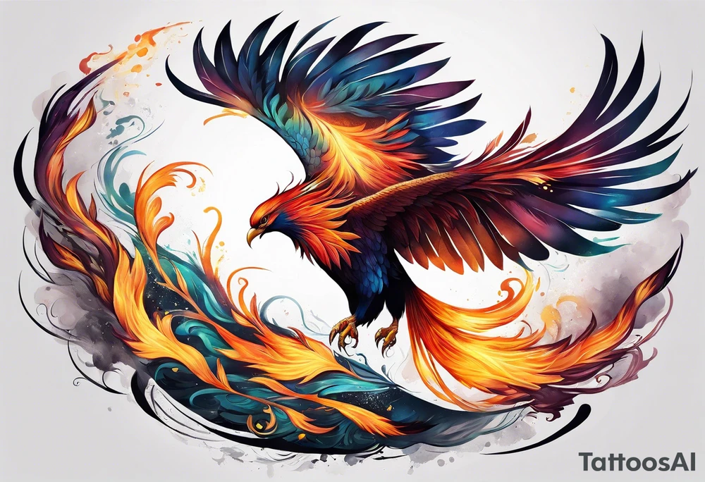 Long, skinny, rising phoenix against dark background tattoo idea