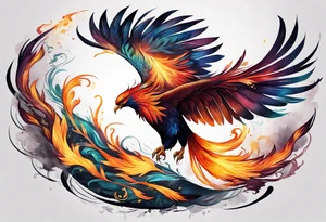 Long, skinny, rising phoenix against dark background tattoo idea