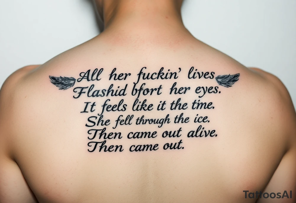 All her fuckin' lives
Flashed before her eyes
It feels like the time
She fell through the ice
Then came out alive tattoo idea
