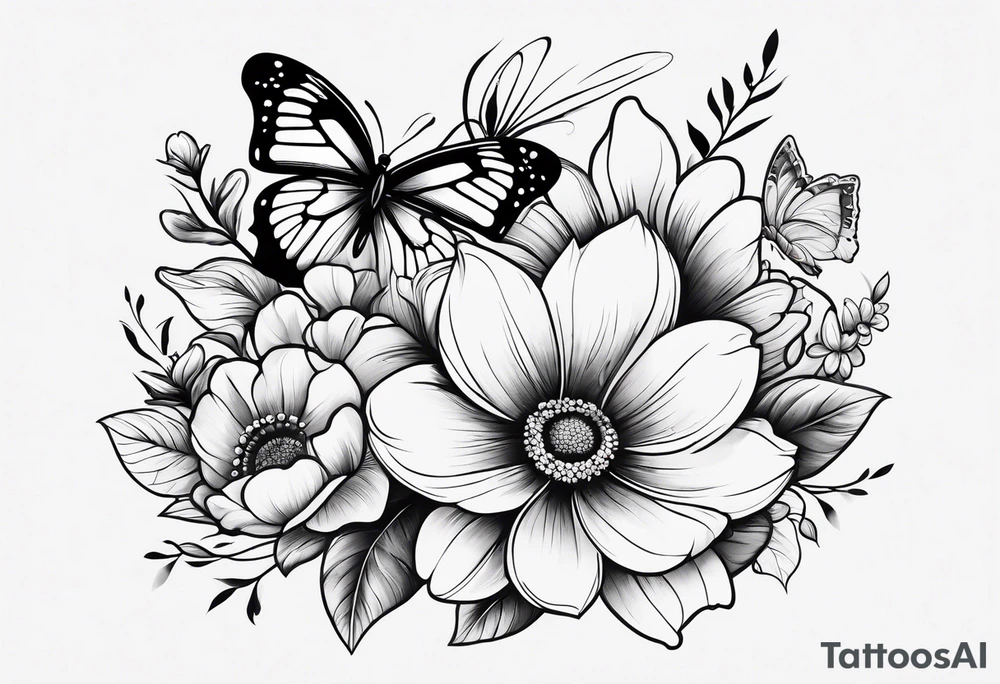 A paw print, flowers, butterflies tattoo idea