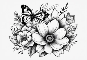 A paw print, flowers, butterflies tattoo idea