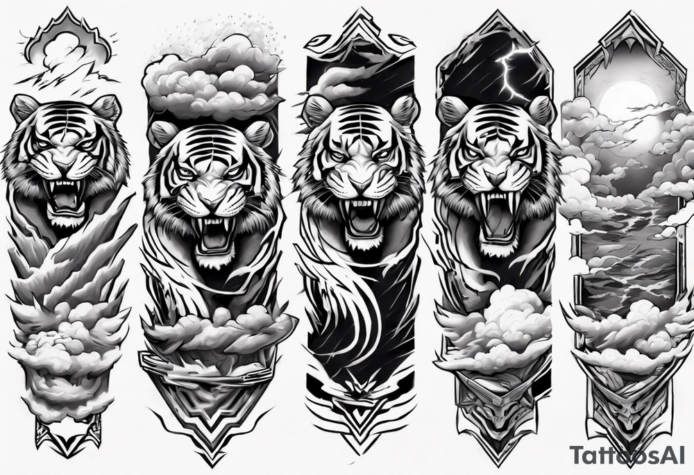 A thundergod tiger forearm sleeve tattoo, with lightning and clouds filling the area tattoo idea