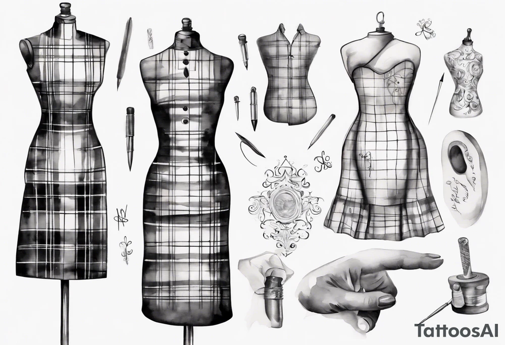 Tailor's mannequin in plaid woman's dress. Nearby a needle tracing two initials, plus a thimble tattoo idea