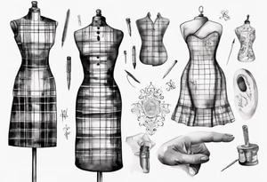 Tailor's mannequin in plaid woman's dress. Nearby a needle tracing two initials, plus a thimble tattoo idea