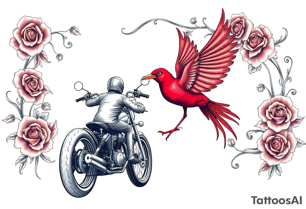 Motorcycle driving away, two red birds flying, roses and lace, flames tattoo idea