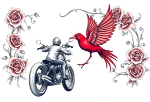 Motorcycle driving away, two red birds flying, roses and lace, flames tattoo idea