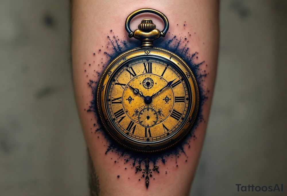 A metallic pocket watch frozen at the wedding time, reflecting deep brass gold and royal navy blue, giving an antique effect. tattoo idea