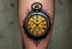 A metallic pocket watch frozen at the wedding time, reflecting deep brass gold and royal navy blue, giving an antique effect. tattoo idea