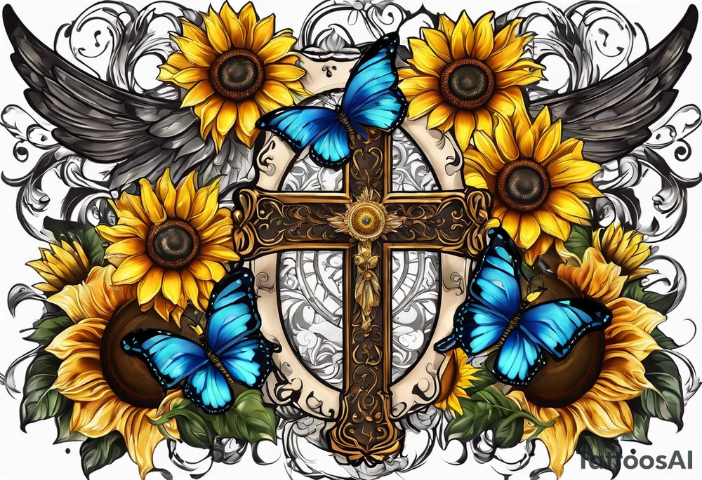 Arm sleeve with Winged cross with sunflower and butterflies tattoo idea