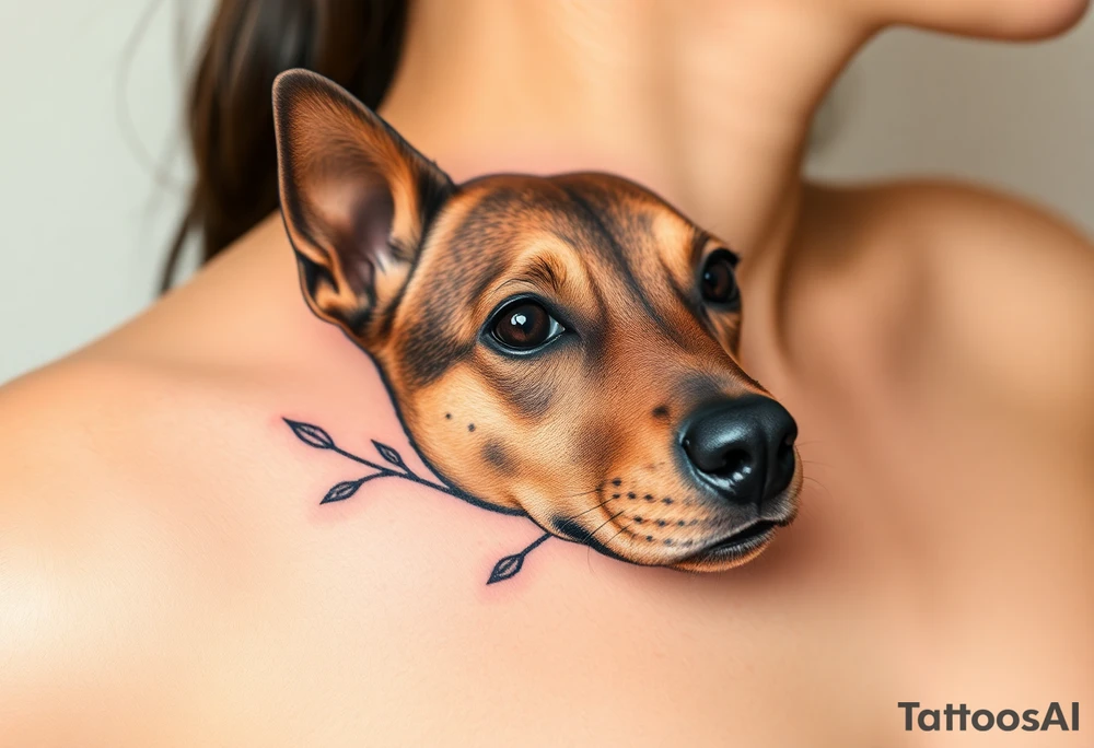 female  hound dog mix Brindle dog with the name kiwi . And a tiny rose around her . With her ears pointy a little big tattoo idea