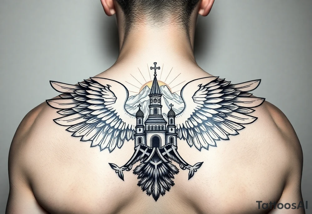 an actual russian coat of arms with the eagles wings spanning out on my back neck across my shoulders / traps with a orthodox christian church being visible in a mountainous sun beaming setting, with the russian orthodox cross spire of the orthodox church being visible on my neck with a sun beaming in the background that the cross sits inside tattoo idea