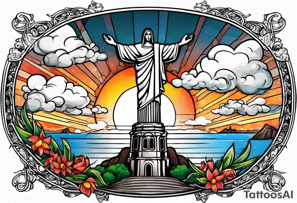 Sun and moon seen behind clouds over Christ the redeemer statue tattoo idea