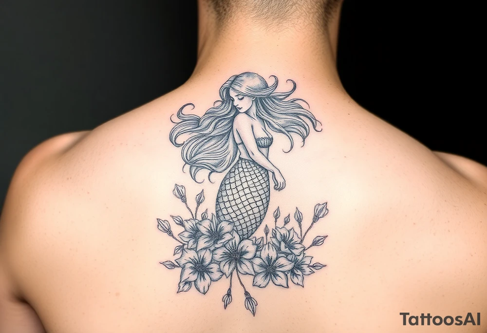 ethereal mermaid with flowing hair among coral and sea flowers tattoo idea