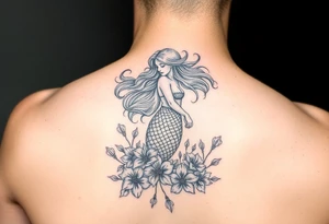 ethereal mermaid with flowing hair among coral and sea flowers tattoo idea