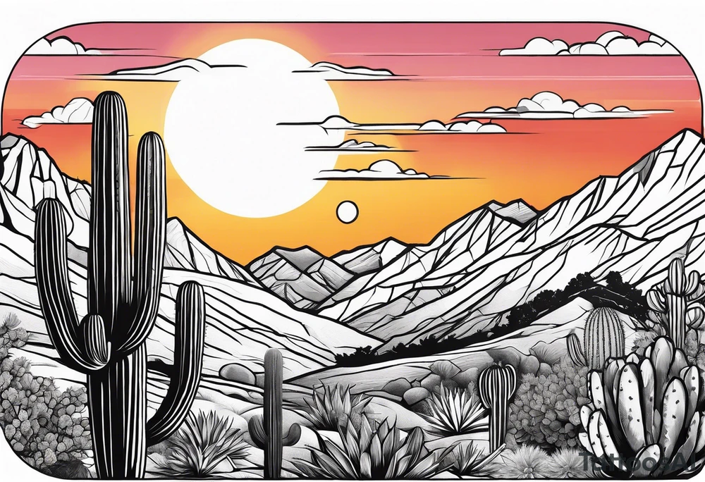 Forearm, cactus, sunset, mountain tattoo idea