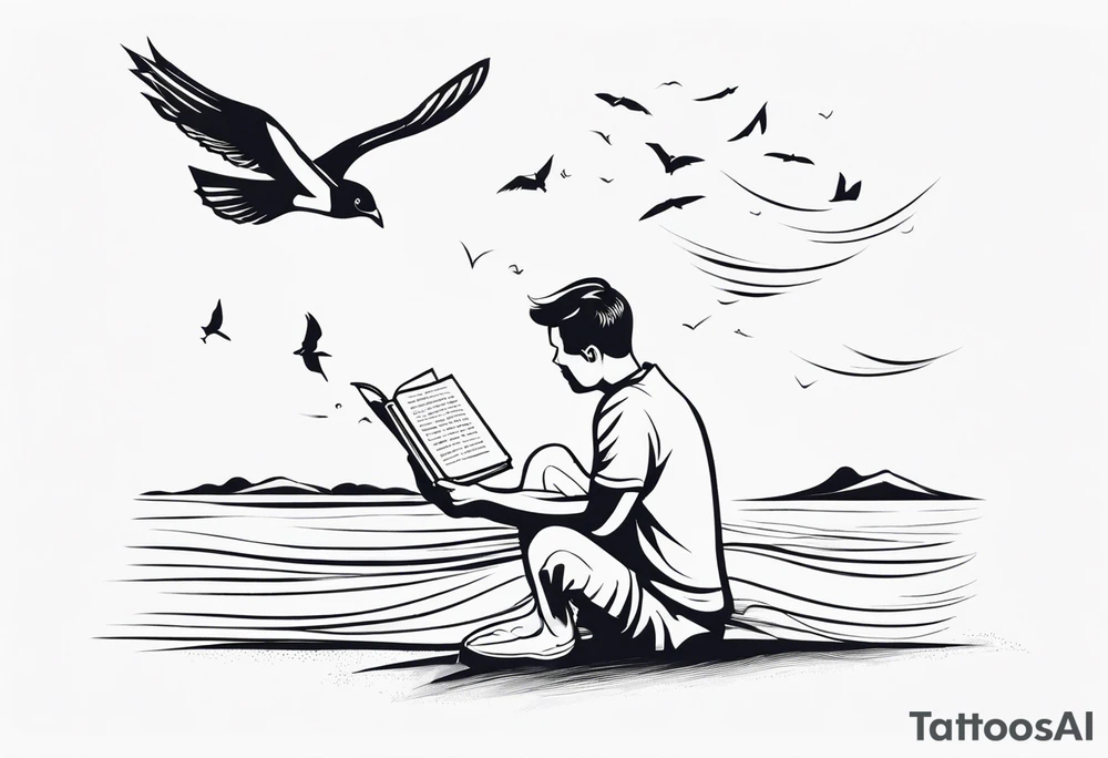 Someone is sitting on the beach reading a book and the pages are flying in the wind, the purpose of the tattoo is to emphasize that just as the pages are flying in the wind, you also have to flip through situations in life tattoo idea