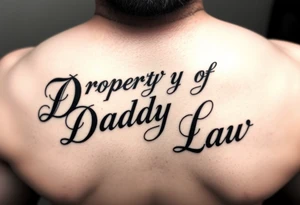 Lettering in calligraphy/cursive that says:
Property of
Daddy Law

(I want the "D" for Daddy and "L" in Law to be thick and dark) tattoo idea