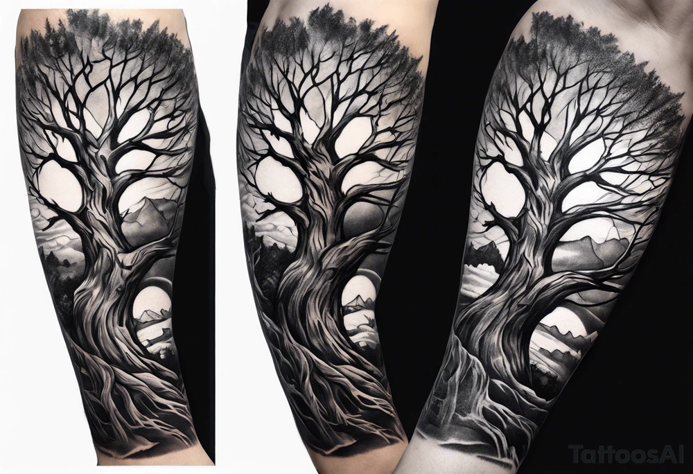 Dead tree arm sleeve tattoo idea