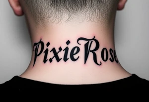 "PixieRose" in a gangsters Chicano calligraphy style font 
Tattoo idea above a man's eyebrow tattoo idea