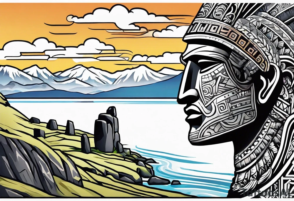 Upper arm piece of Easter island heads on an island landscape and hawk circling above tattoo idea