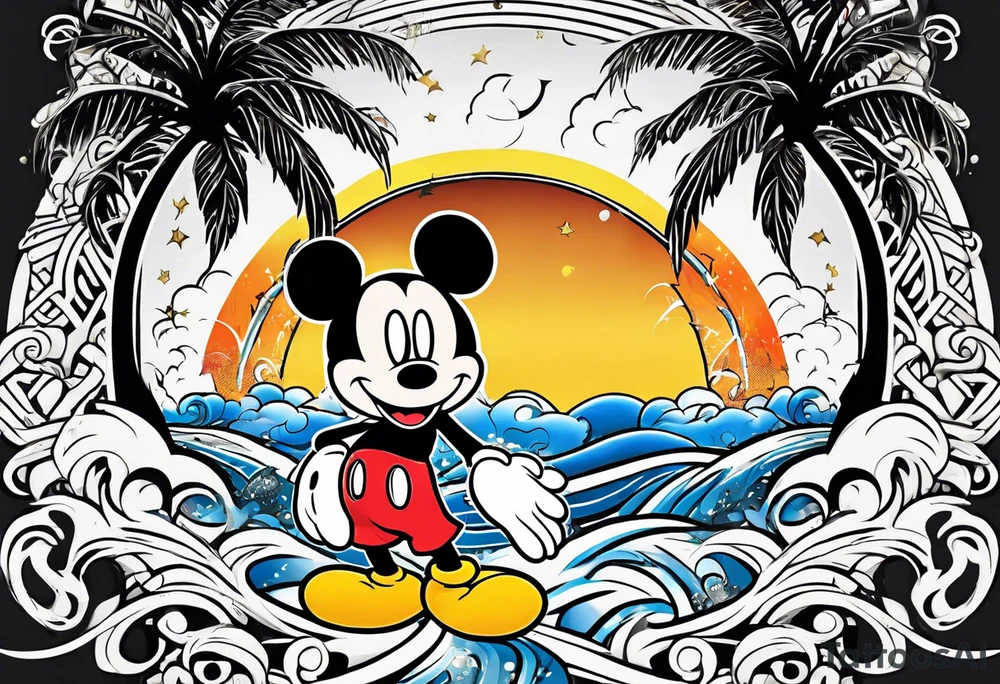 mickey mouse in a lightning storm with palm trees and the celtic symbol for family tattoo idea
