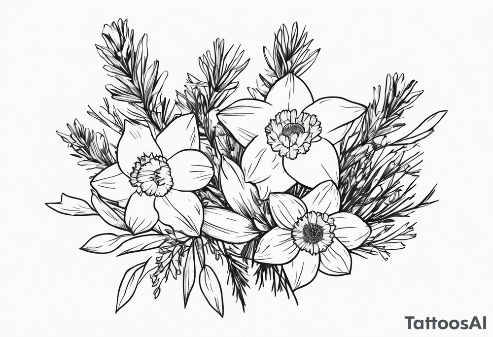 daffodil and aster flowers in a bouquet with pine branch and willow branch. minimalist, simple bouquet. small. tattoo idea
