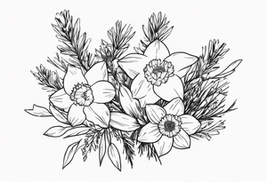 daffodil and aster flowers in a bouquet with pine branch and willow branch. minimalist, simple bouquet. small. tattoo idea