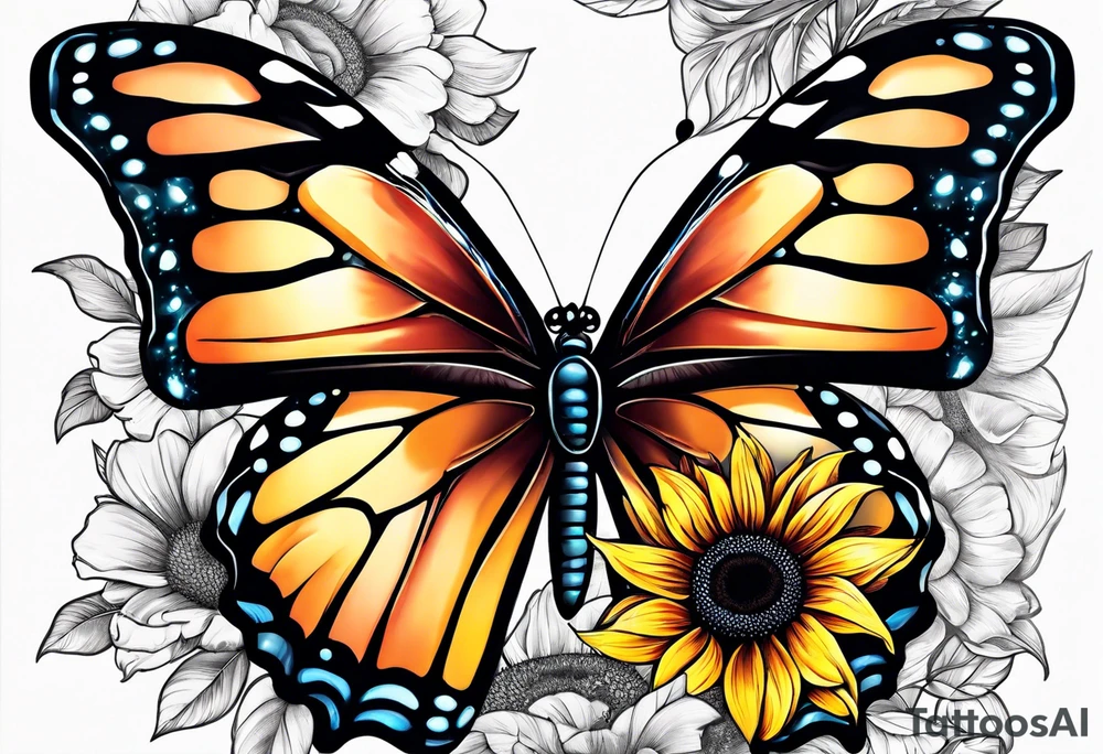 Half butterfly half sunflower tattoo idea