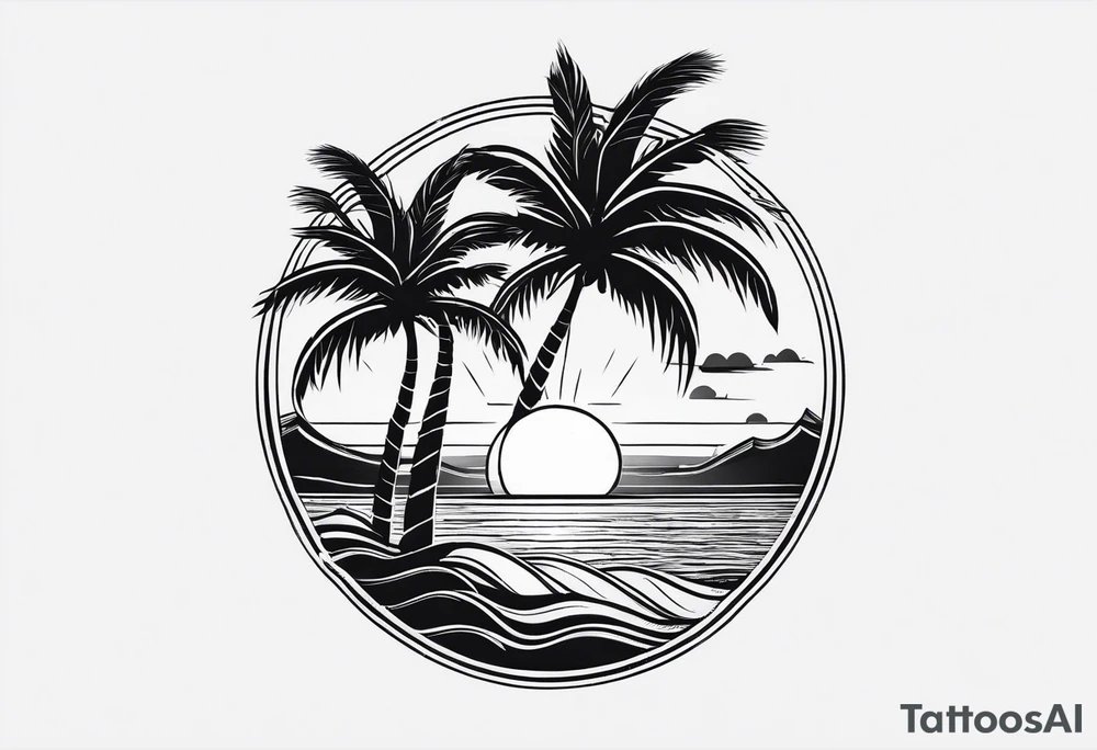 palm tree front of a sunset and waves tattoo idea