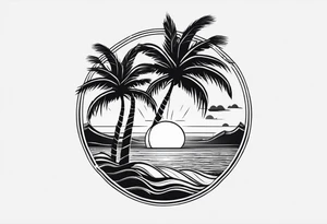 palm tree front of a sunset and waves tattoo idea