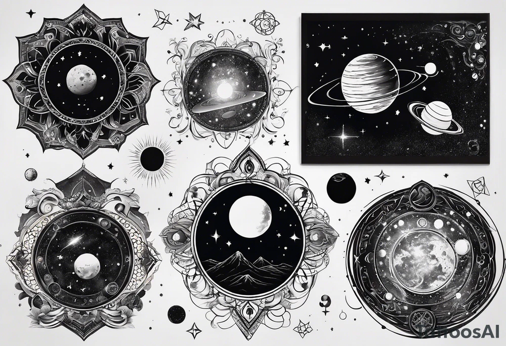 A tattoo featuring a cosmic scene with planets, black holes, and supernovae intertwined with intricate linguistic symbols, reflecting the client's interests in cosmology and linguistics. tattoo idea