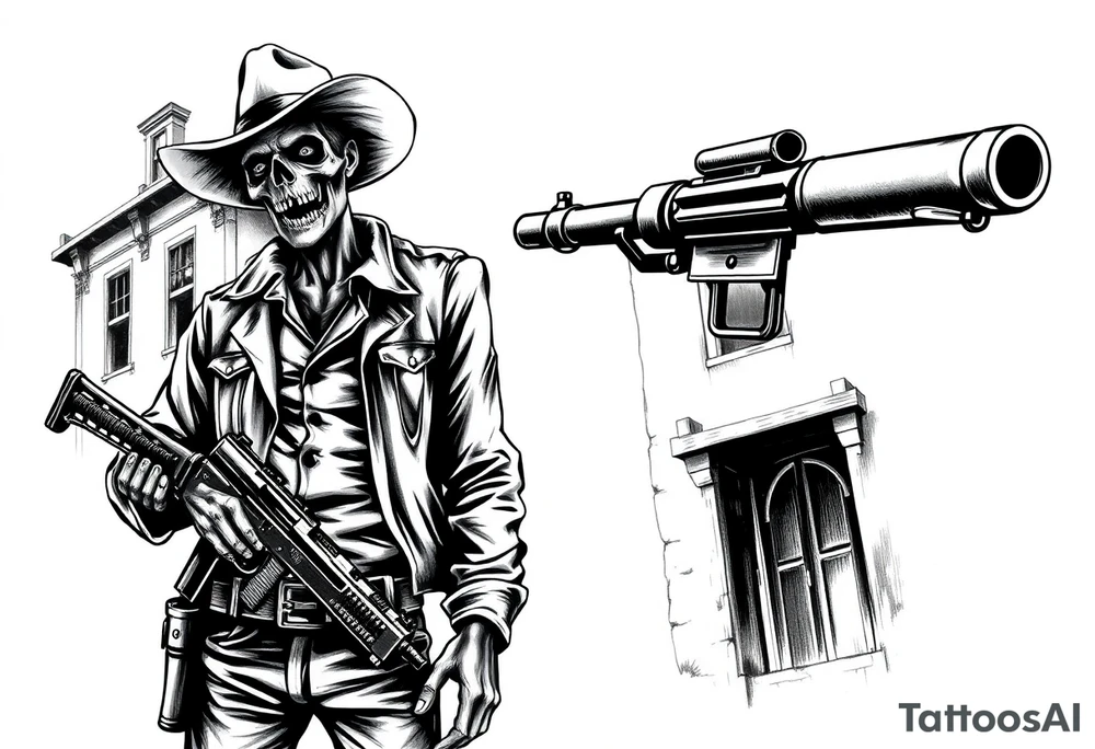 zombie in cowboy-clothing,old buildings,big gun. tattoo idea
