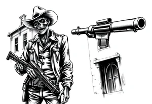 zombie in cowboy-clothing,old buildings,big gun. tattoo idea