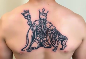 evil skeleton king in clothes having a good time getting drunk with skeleton dog tattoo idea