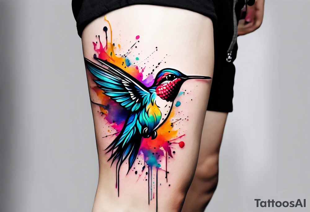 large forearm tattoo with lines, splatters, abstract shapes, very colorful add hummingbird. open space. tattoo idea