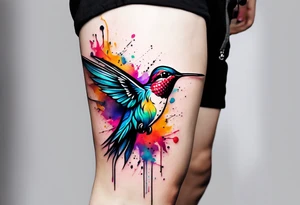 large forearm tattoo with lines, splatters, abstract shapes, very colorful add hummingbird. open space. tattoo idea
