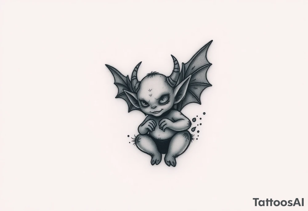Misfit tiny goblin with wings and horns tattoo idea
