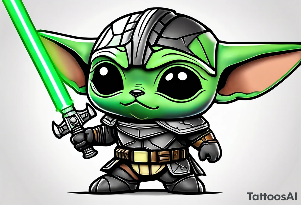 Baby grogu wearing black mandalorian armor,  and  wielding a green lightsaber tattoo idea