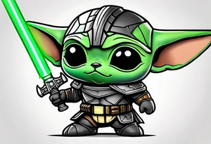 Baby grogu wearing black mandalorian armor,  and  wielding a green lightsaber tattoo idea