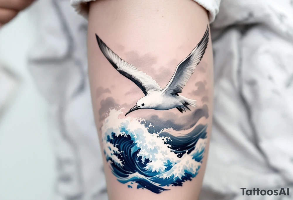 Soaring Albatross over Ocean Waves – A large albatross in mid-flight with outstretched wings above deep blue crashing waves, inked in shades of white, gray, and navy blue with subtle sky gradients in the background. tattoo idea