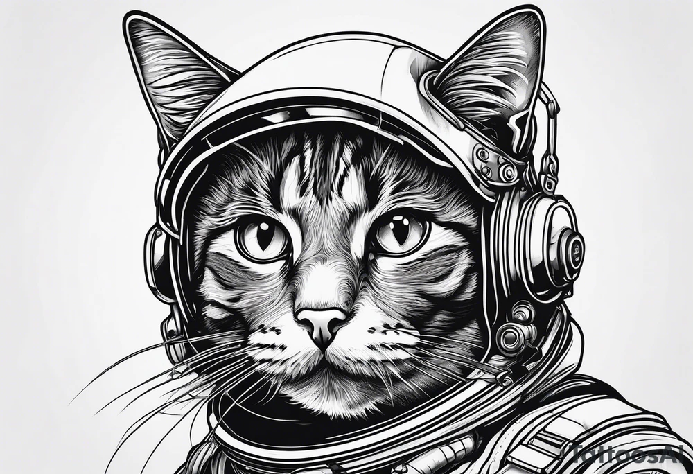 cat in space surrounded by line tattoo idea