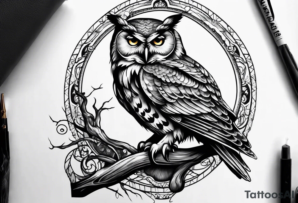 owl holding a scale with its claws tattoo idea
