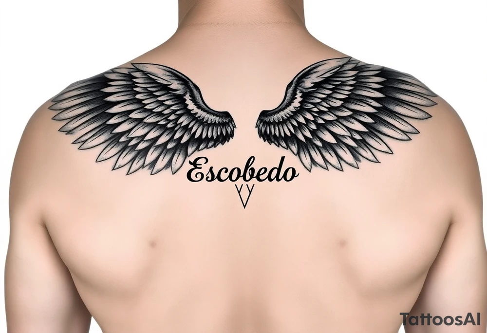"Large, feathered wings of either an angel or falcon, designed in a strong, dynamic style. The wings should begin below the name 'Escobedo' and extend outward across the upper back, curving under the name without touching it. The feathers should be detailed, symbolizing strength and freedom." tattoo idea