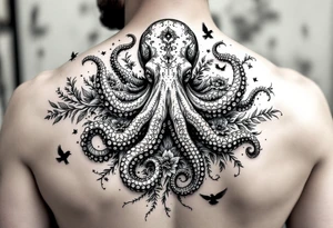 powerful majestic octopus, surrounded by floral ornaments and birds tattoo idea