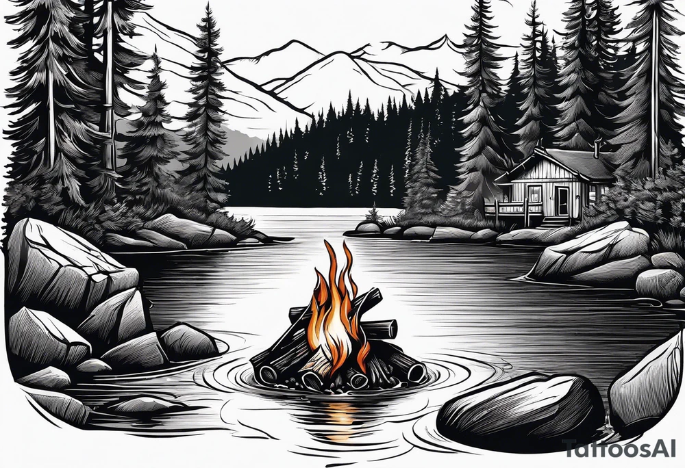 Small campfire on the coast of a mountain stream, in the back is some evergreen tall trees tattoo idea